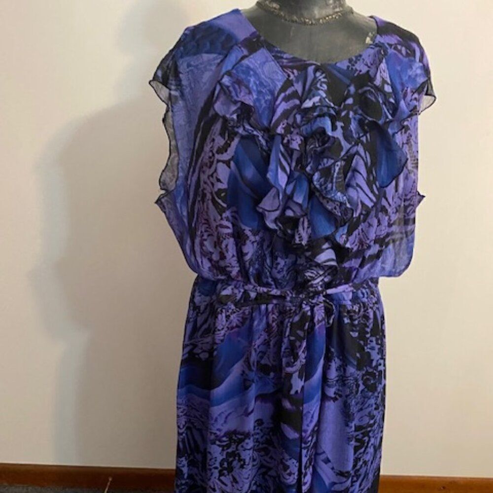 SOHO Apparel Blue/Black Ruffle Bodice tie belt dress, size 20W